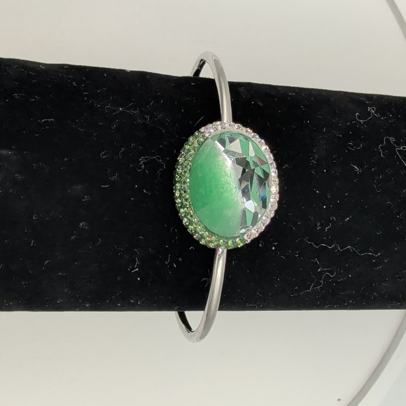 Swarovski Jewelry - Swarovski Swan Signed Green Crystal Silver Tone Rhodium Plated‎ Bangle Bracelet